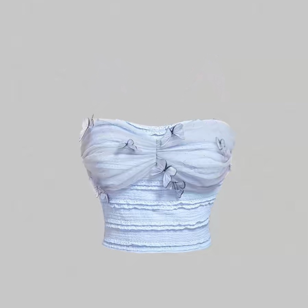 ▫️Blue Ruched Strapless Crop Top